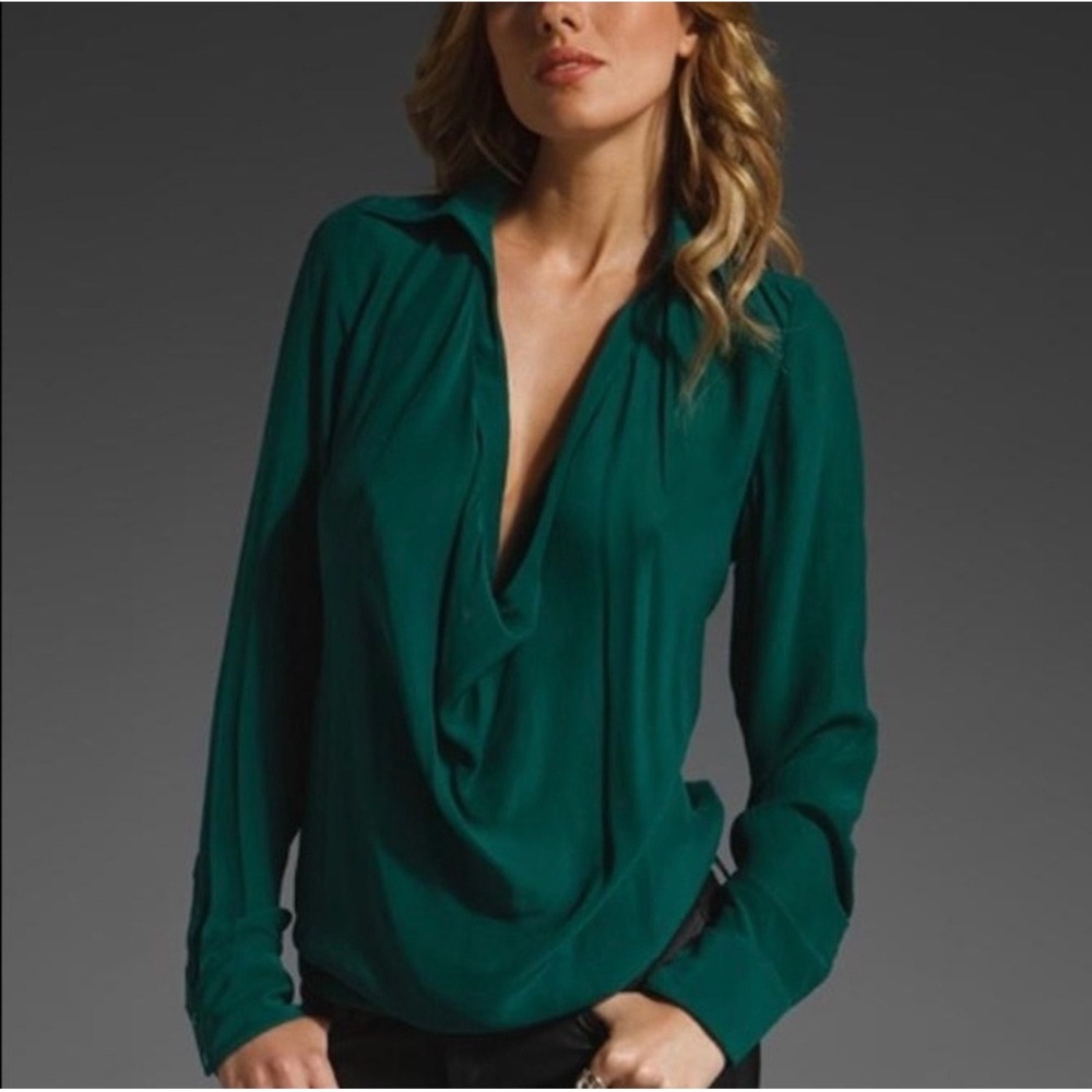 Haute Hippie Emerald Green 100% Silk Cowl Neck Long Sleeve Blouse Small